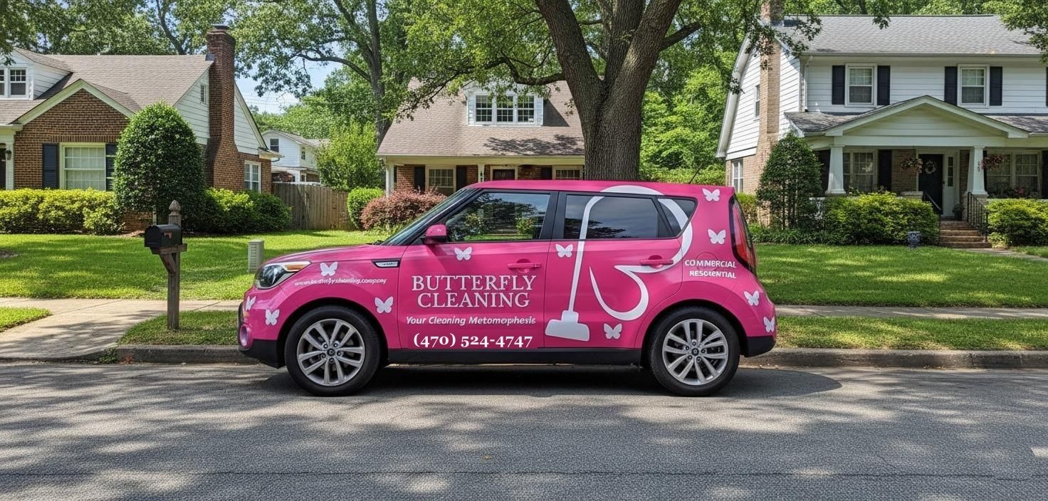 The pink Butterfly Cleaning car parked in an Atlanta neighborhood